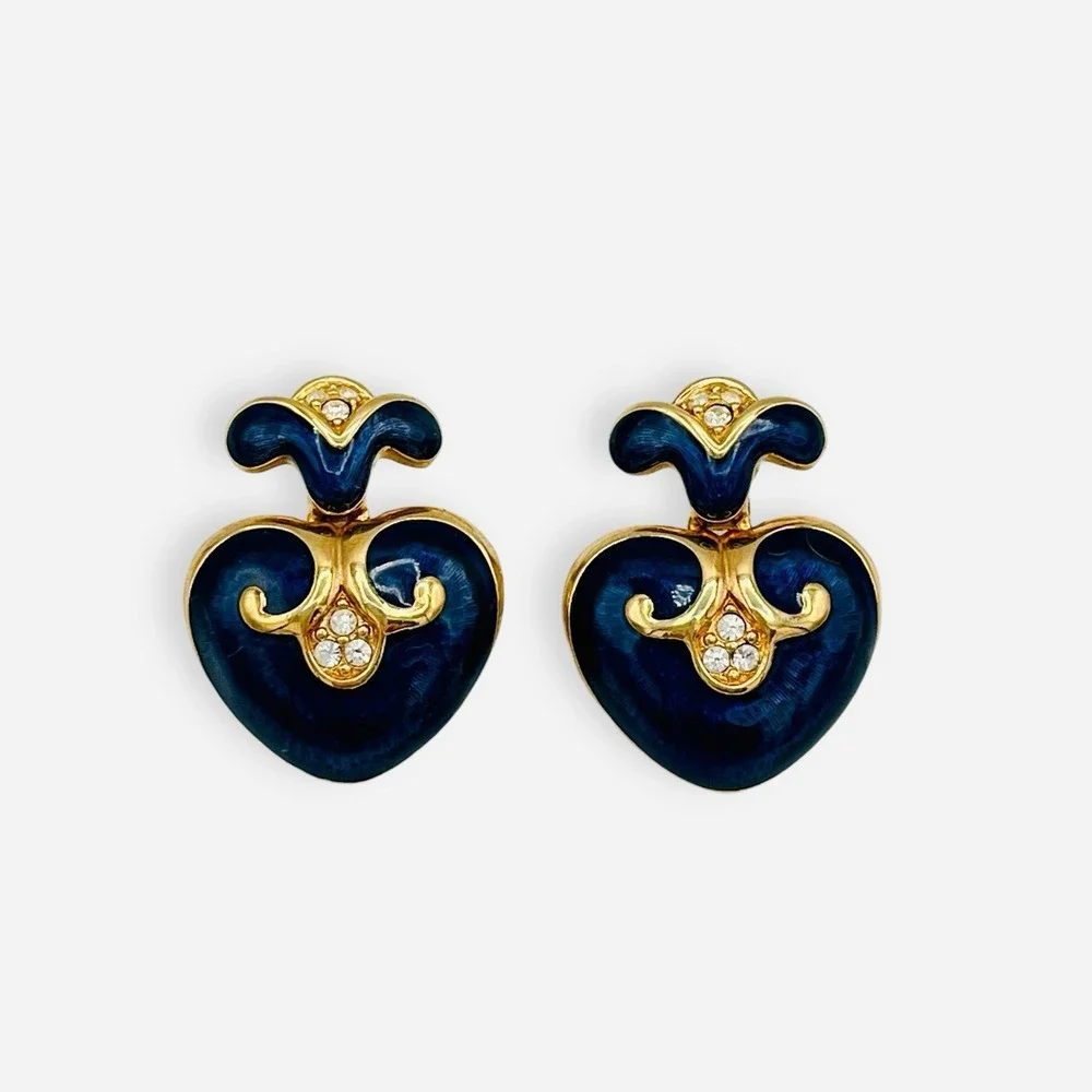 Vintage Swarovski Heart Clip Earrings Crystal Swan Navy‎ Blue Enamel Gold Dangle